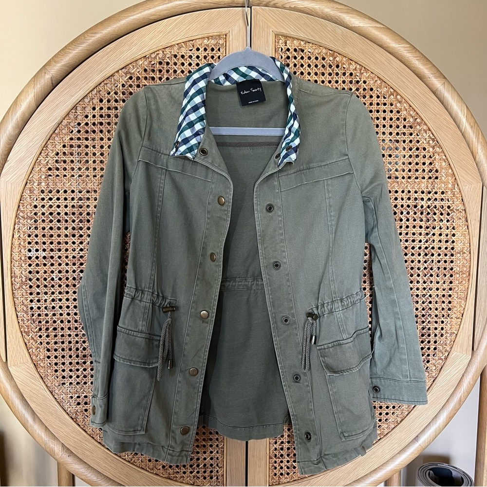 Lightweight Olive Utility Jacket With Gingham Col… - image 2